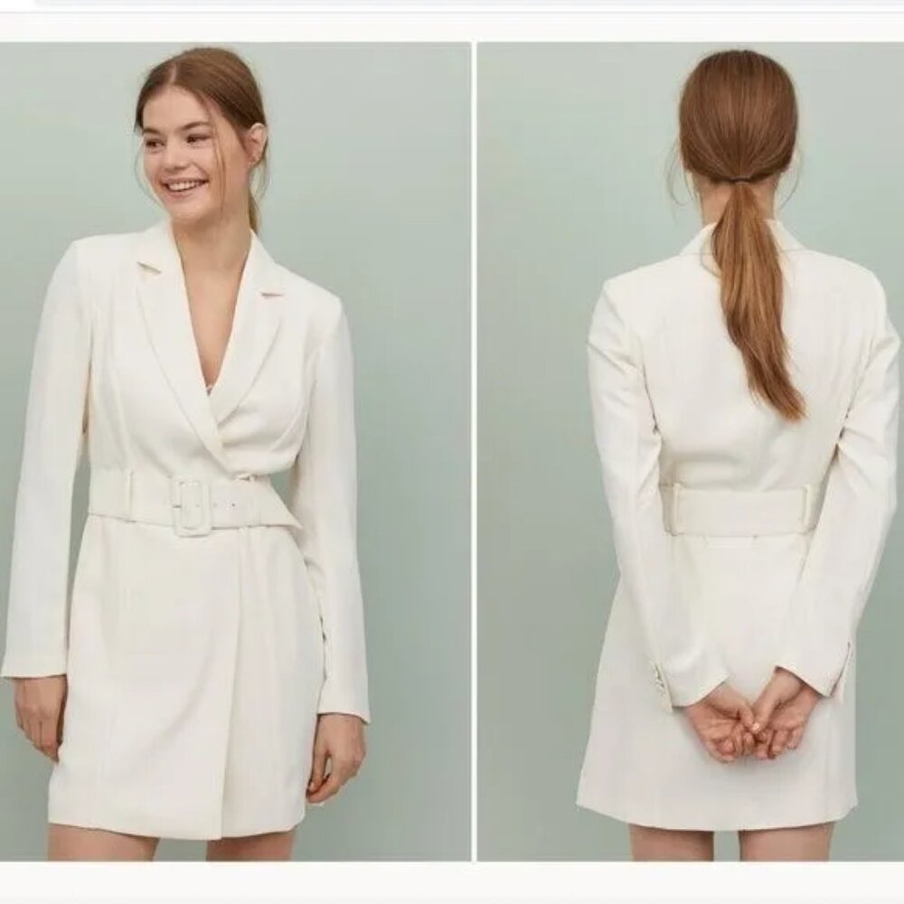 NWT Women H&M Belted Blazer Jacket Coat Dress in Ivory